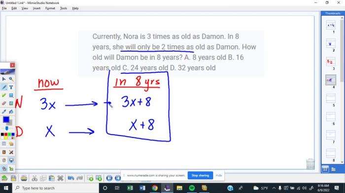 Currently nora is 3 times as old as damon