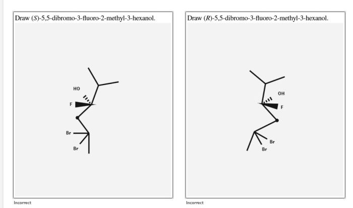 Stereoisomer enantiomers theoretical pair named below structure draw sure each wedge stereochemistry via dash bonds methyl hexanol dibromo fluoro specify