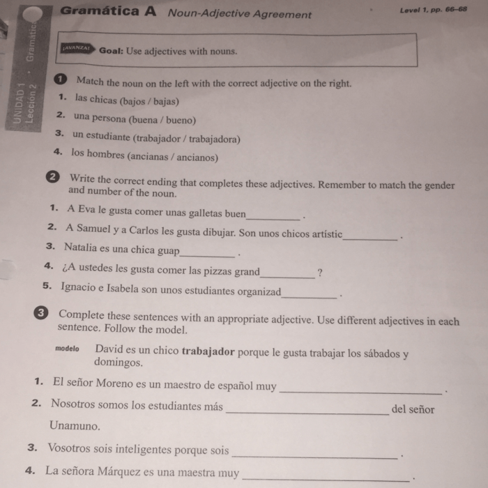 Gramatica a noun-adjective agreement answer key